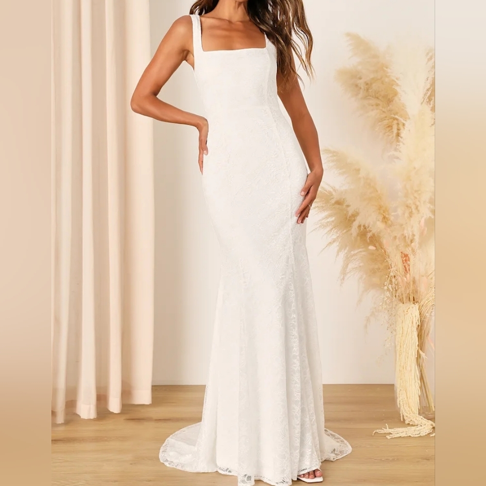 Lulus Eternal Happiness White Lace Square Neck Mermaid Maxi Dress Size M
